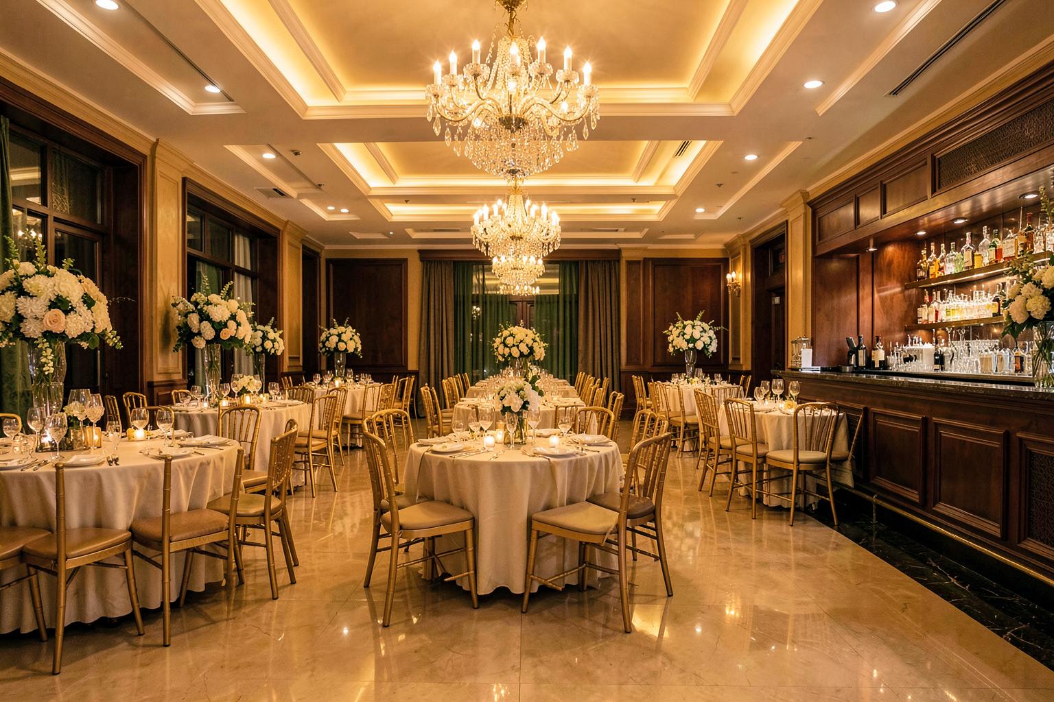 Elegant Indian banquet hall with chandeliers, event tables and a stylish bar
