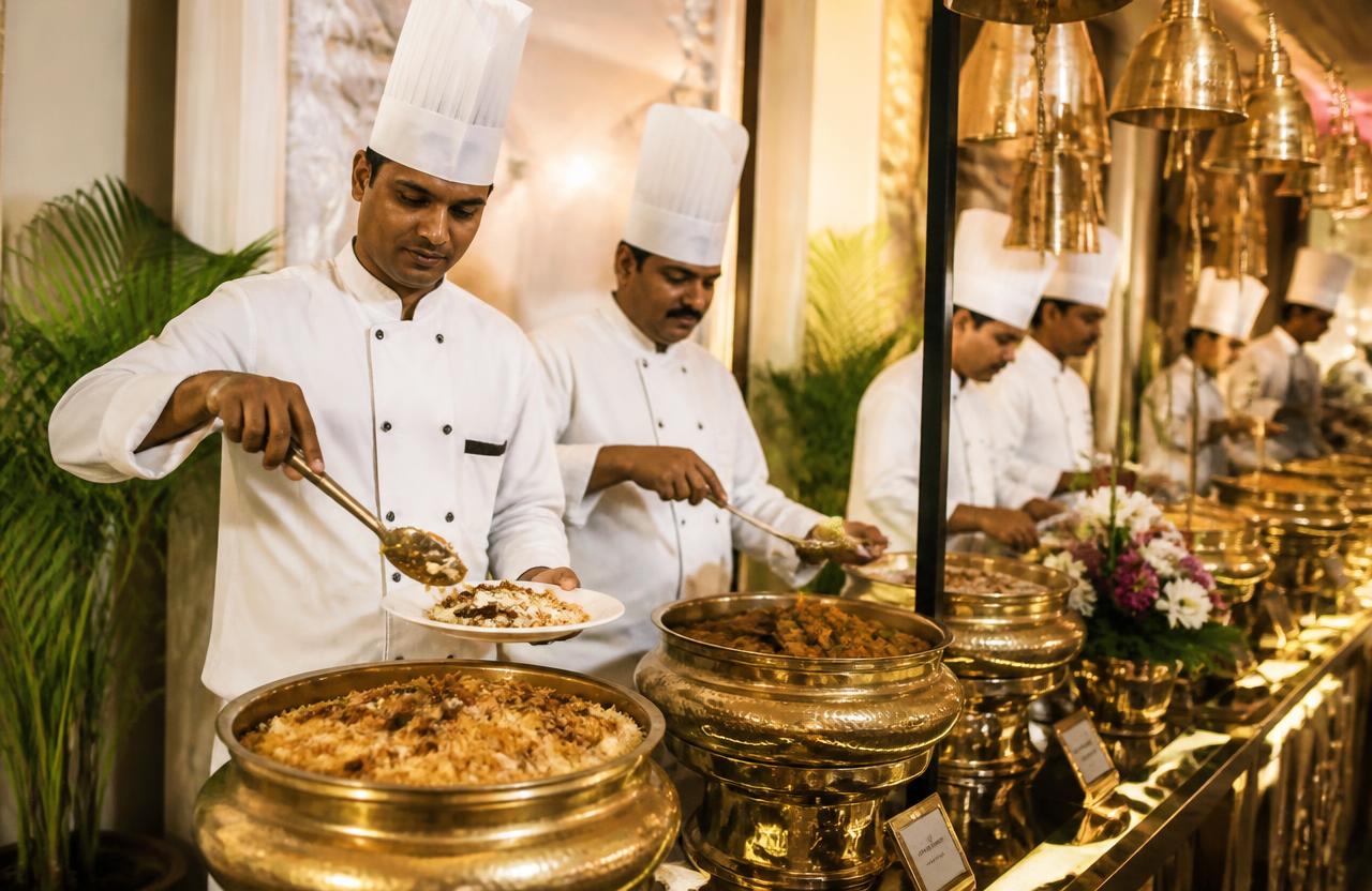 Indian chefs in white coats preparing and serving food at a large catering buffet