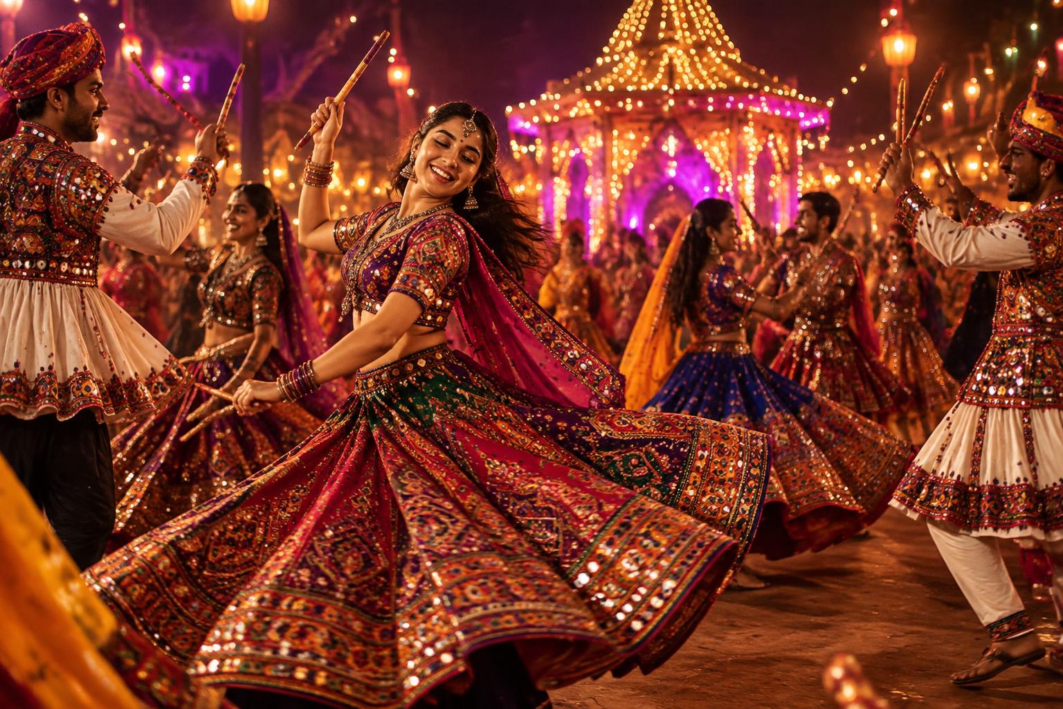 Garba dancers in colourful traditional dress spinning with dandiya sticks